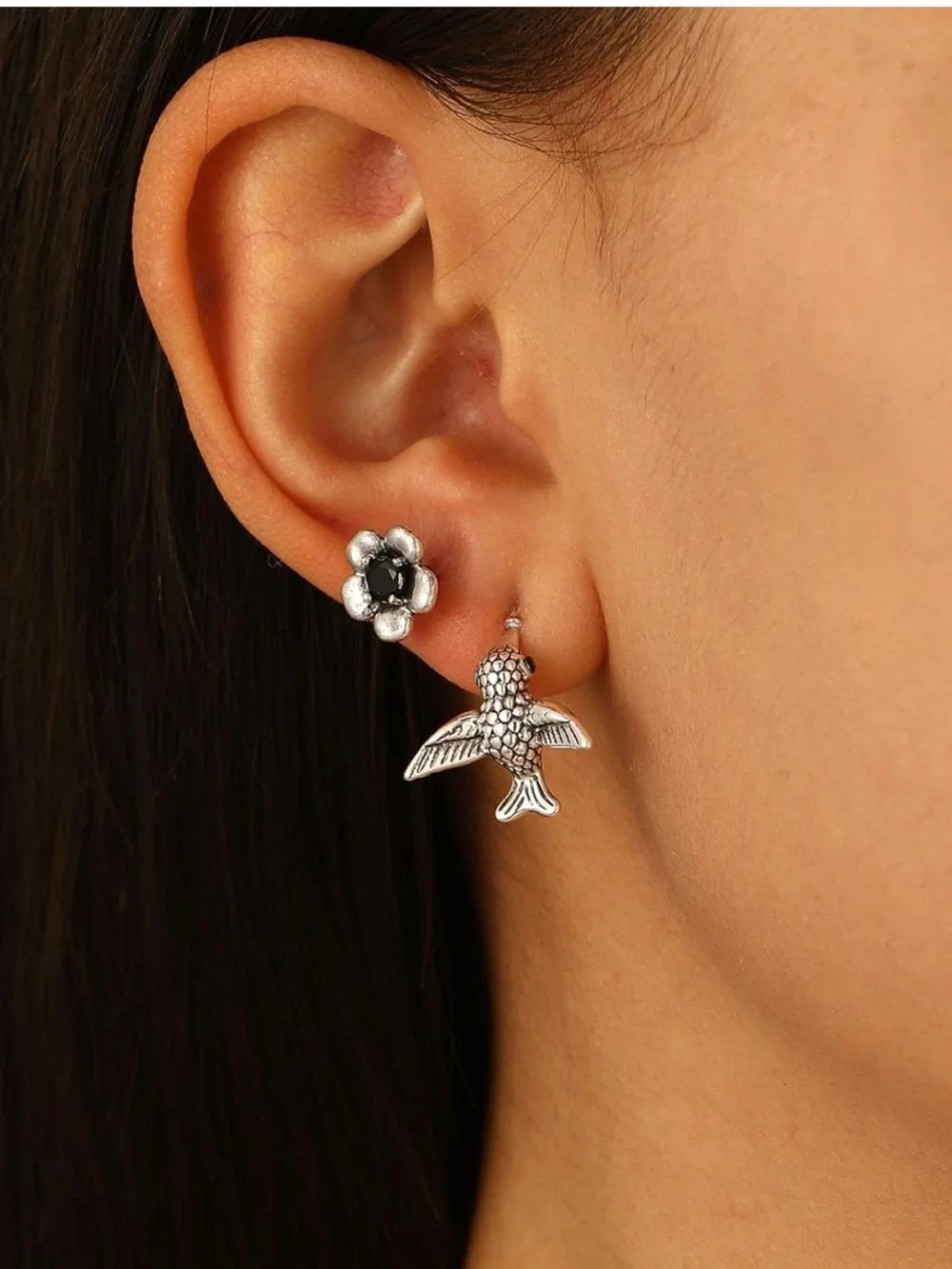 Midnight Bloom & Sparrow Earrings | Black Onyx Flower Bird Stud Earrings